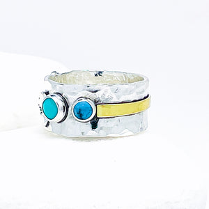 Turquoise Ring - Wide Band Ring with Blue Topaz and Gold Size 8