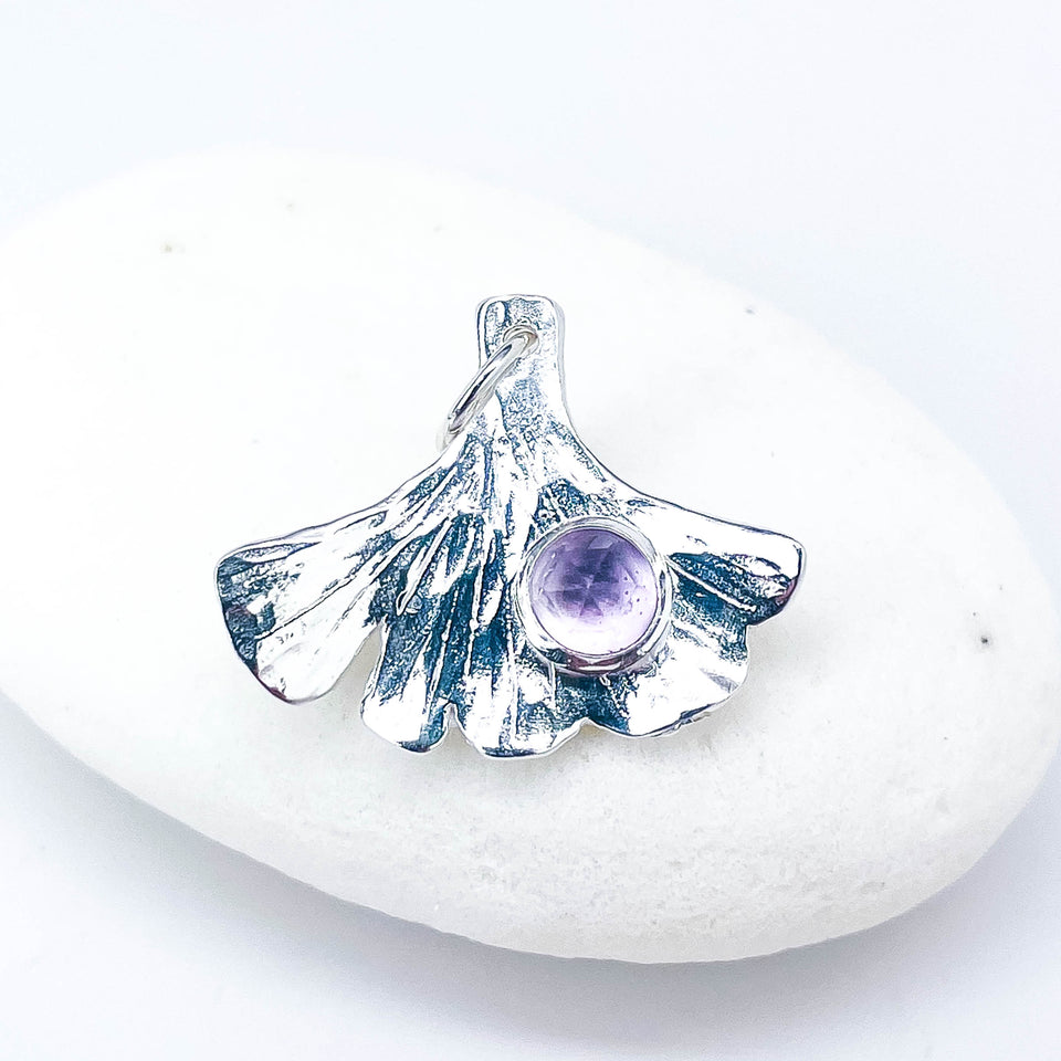 Sterling Silver Ginkgo Leaf Pendant with Amethyst