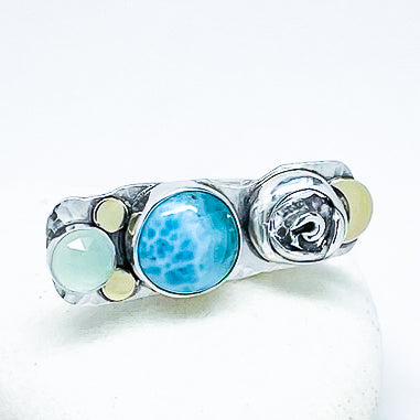 Sterling Silver Larimar Ring - 22k Gold Ring Size 7 1/2 - DawnsArtisanJewelry.com