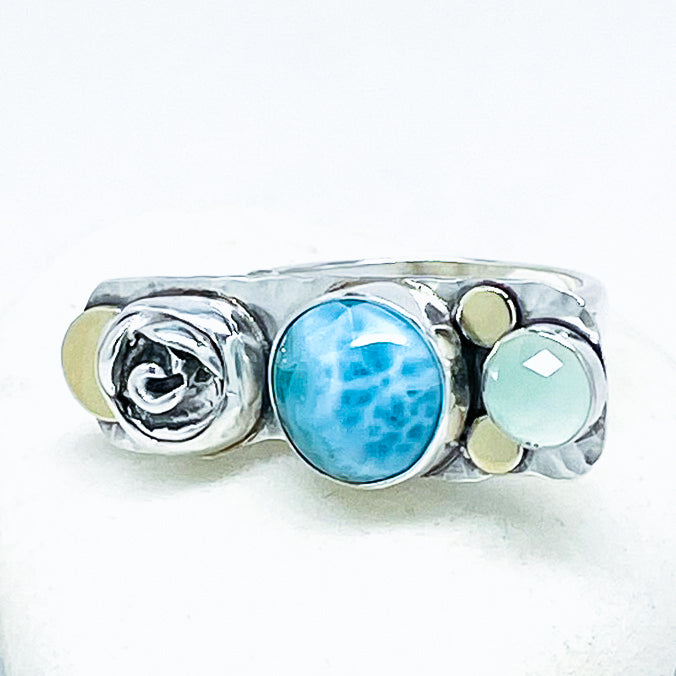 Sterling Silver Larimar Ring - 22k Gold Ring Size 7 1/2 - DawnsArtisanJewelry.com
