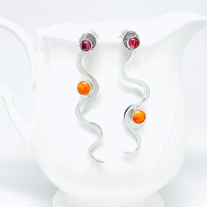 Sterling Silver Snake Earrings - Spiny Oyster Shell Pink Tourmaline Earrings - DawnsArtisanJewelry.com