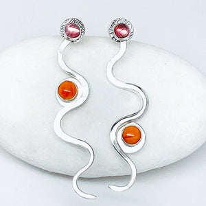 Sterling Silver Snake Earrings - Spiny Oyster Shell Pink Tourmaline Earrings - DawnsArtisanJewelry.com