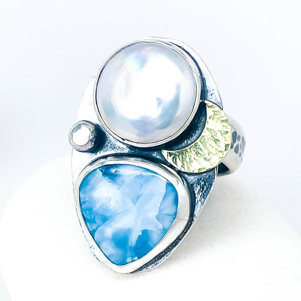 Turquoise Pearl Ring Sizes 7 1/2 to 8