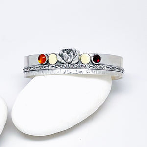 Sterling Silver Lotus Cuff with Amber, Garnet and Gold
