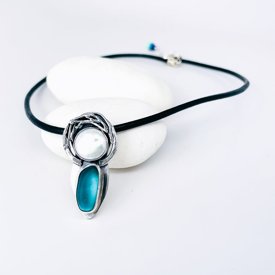Sterling Silver Sea Glass Pearl Nest Necklace - Ophelia Talisman