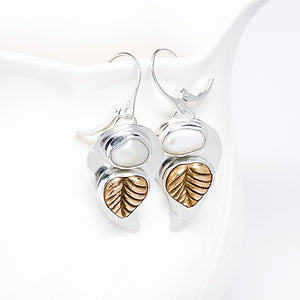 Sterling Silver Water Drop Earrings - Bronze Leaf and Freshwater Pearl Water Drops