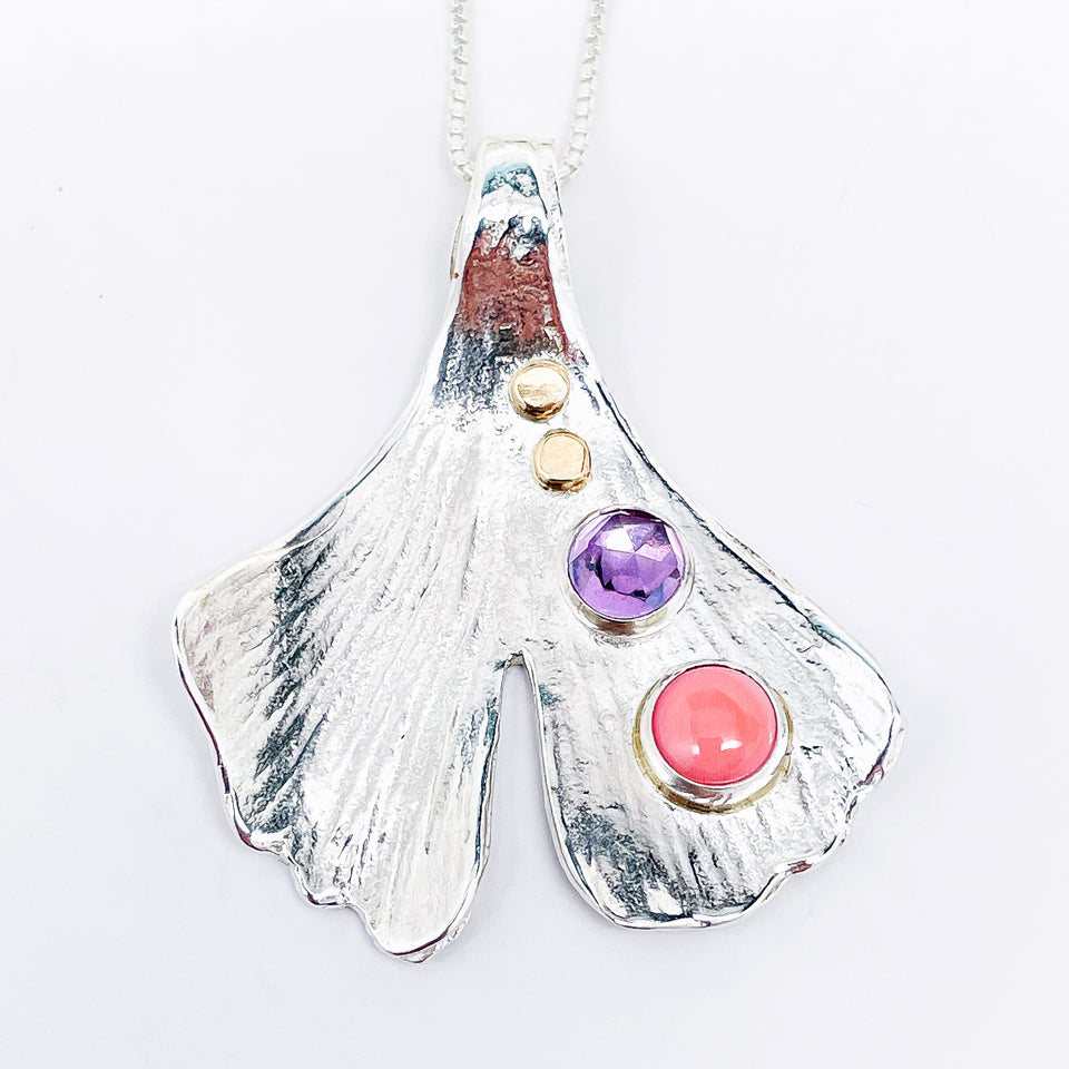 Peruvian Pink Opal Sterling Silver Ginkgo Pendant - Amethyst and Peruvian Opal