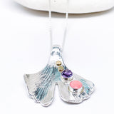 Peruvian Pink Opal Sterling Silver Ginkgo Pendant - Amethyst and Peruvian Opal