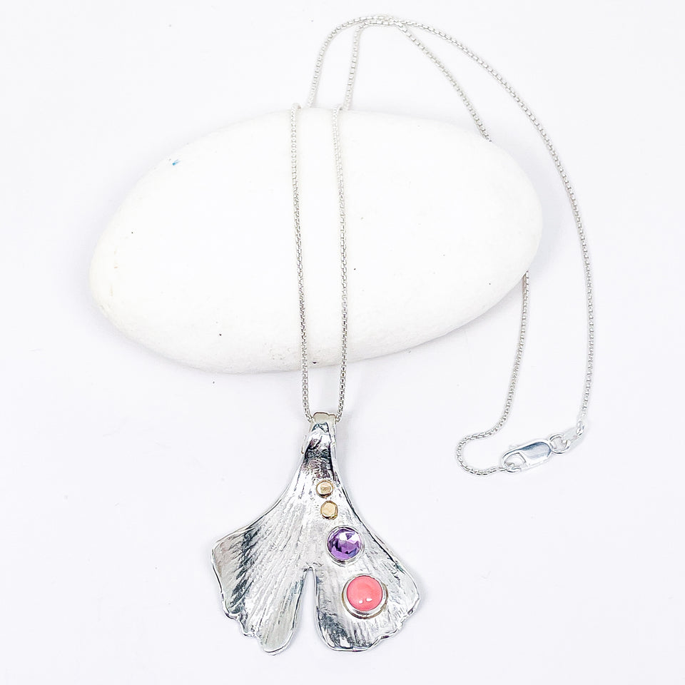 Peruvian Pink Opal Sterling Silver Ginkgo Pendant - Amethyst and Peruvian Opal