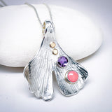 Peruvian Pink Opal Sterling Silver Ginkgo Pendant - Amethyst and Peruvian Opal