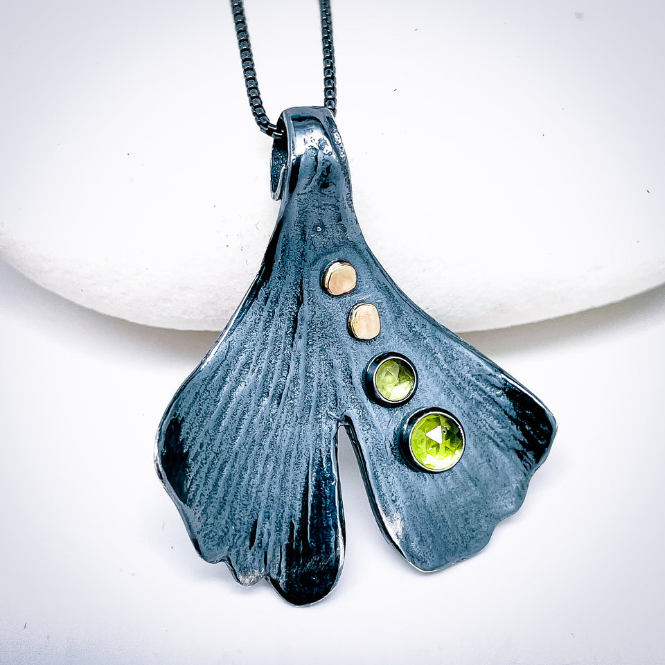 Sterling Silver Gunmetal Ginkgo Pendant - Peridot