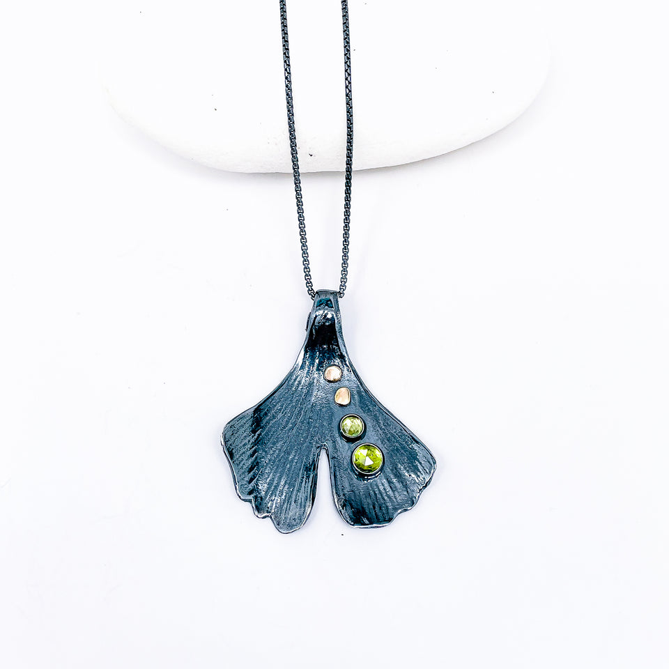 Sterling Silver Gunmetal Ginkgo Pendant - Peridot