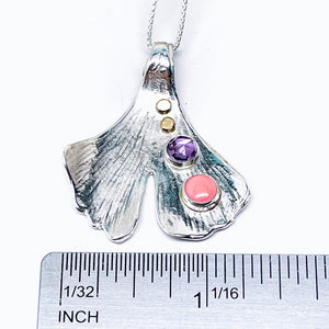 Peruvian Pink Opal Sterling Silver Ginkgo Pendant - Amethyst, 18K Gold