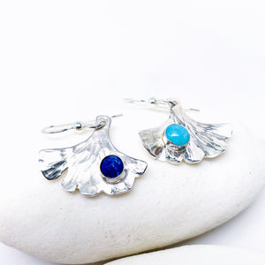 Sterling Silver Ginkgo Earrings - Turquoise and Lapis