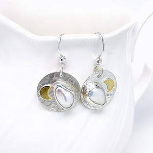 Sterling Silver Biwa Pearl Earrings - Dangle Earrings with Gold Crescent Moon