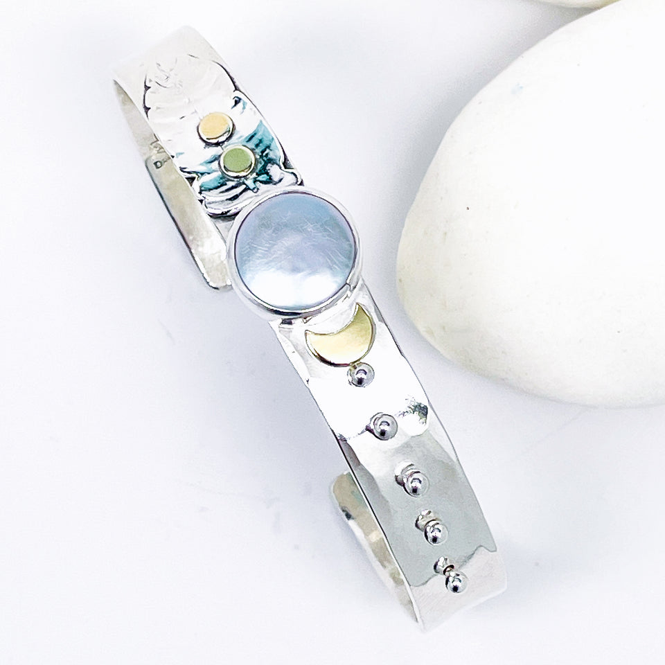 Sterling Silver Celestial Cuff - Freshwater Pearl, Gold Crescent Moon