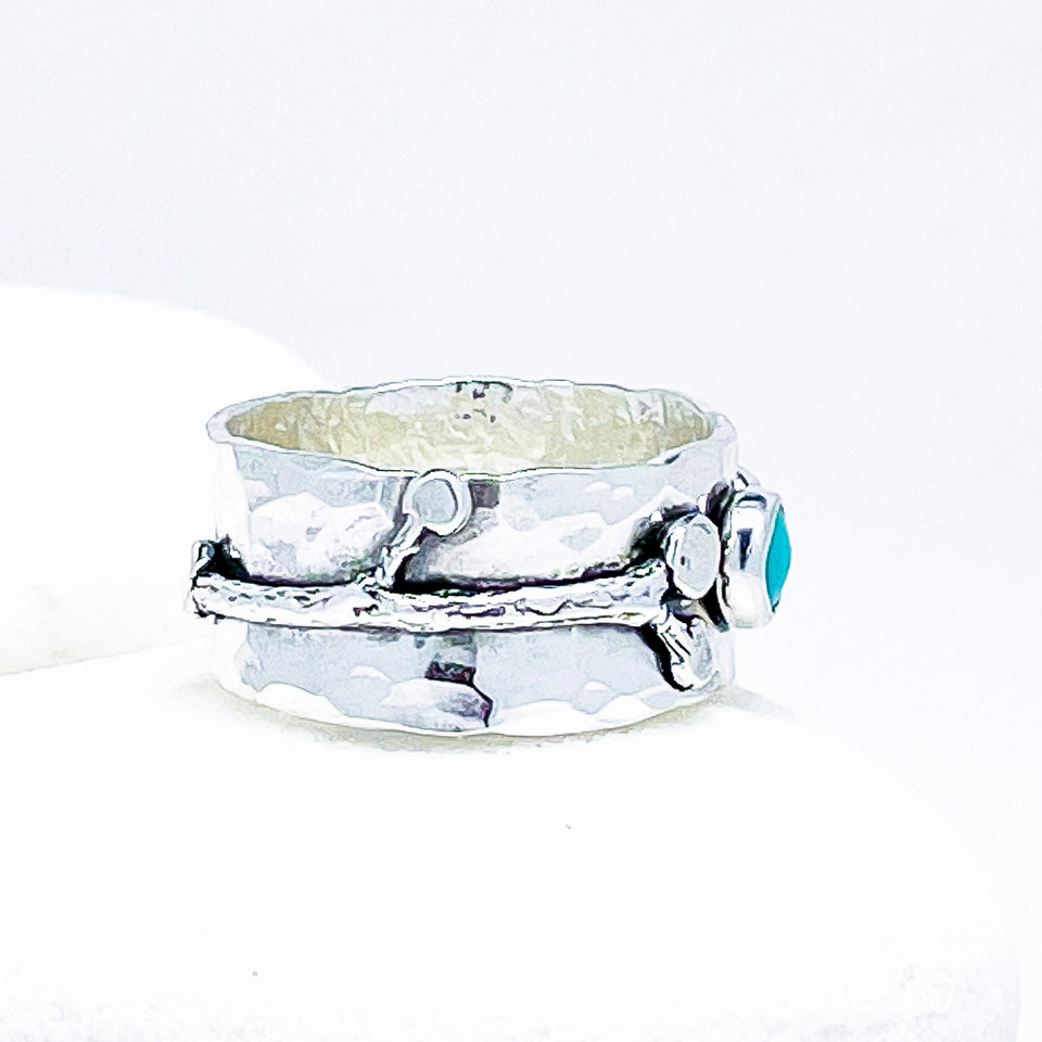 Turquoise Ring - Wide Band Ring with Blue Topaz and Gold Size 8