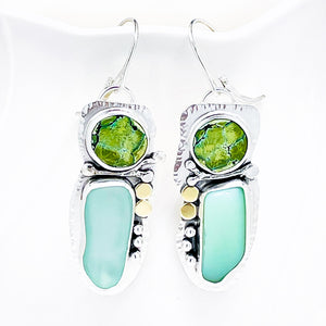 Sterling Silver Turquoise Earrings w/Seaglass & Gold