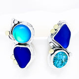 Sterling Silver Wabi Sabi Earrings - Opalite, Cobalt Seaglass w/Turquoisee
