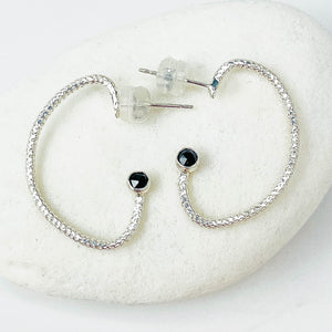 Sterling Silver Half Hoop Post Earrings - Black Spinel