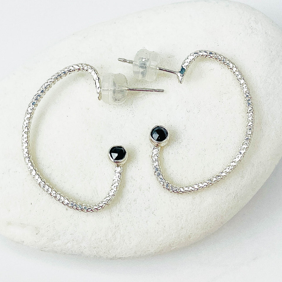 Sterling Silver Half Hoop Post Earrings - Black Spinel