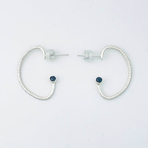 Sterling Silver Half Hoop Post Earrings - Black Spinel