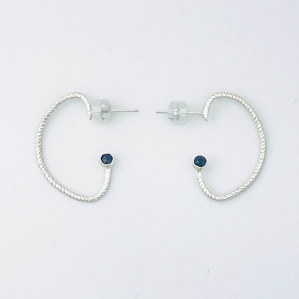 Sterling Silver Half Hoop Post Earrings - Black Spinel