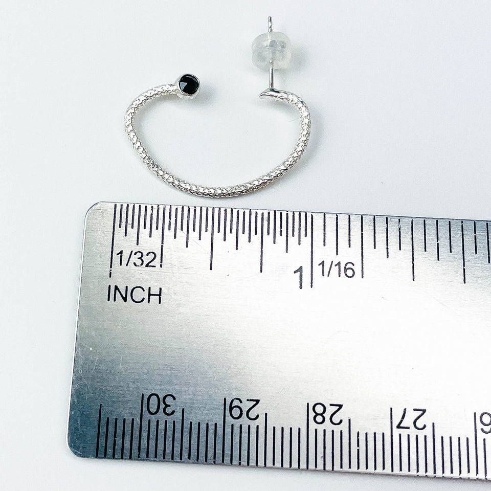Sterling Silver Half Hoop Post Earrings - Black Spinel