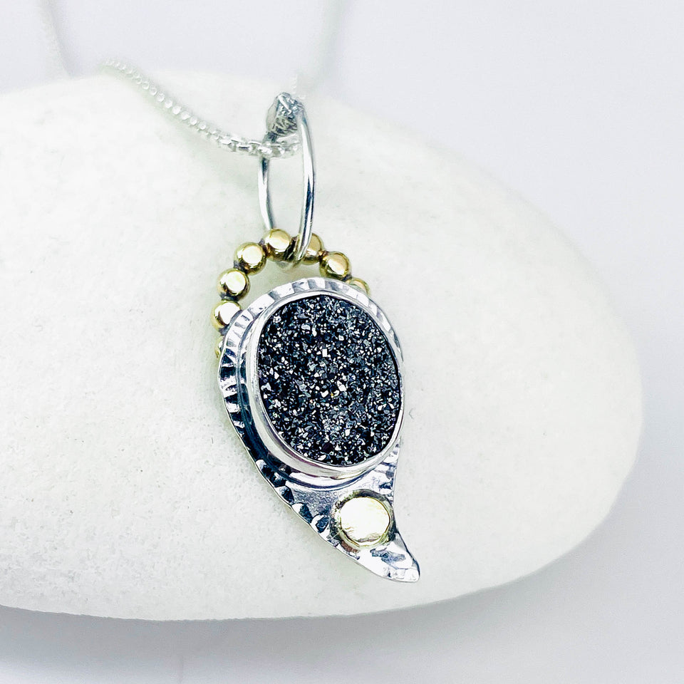 Black Druzy Quartz Crystal Pendant - Moonseed Talisman