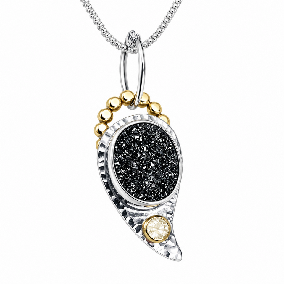 Black Druzy Quartz Crystal Pendant - Moonseed Talisman