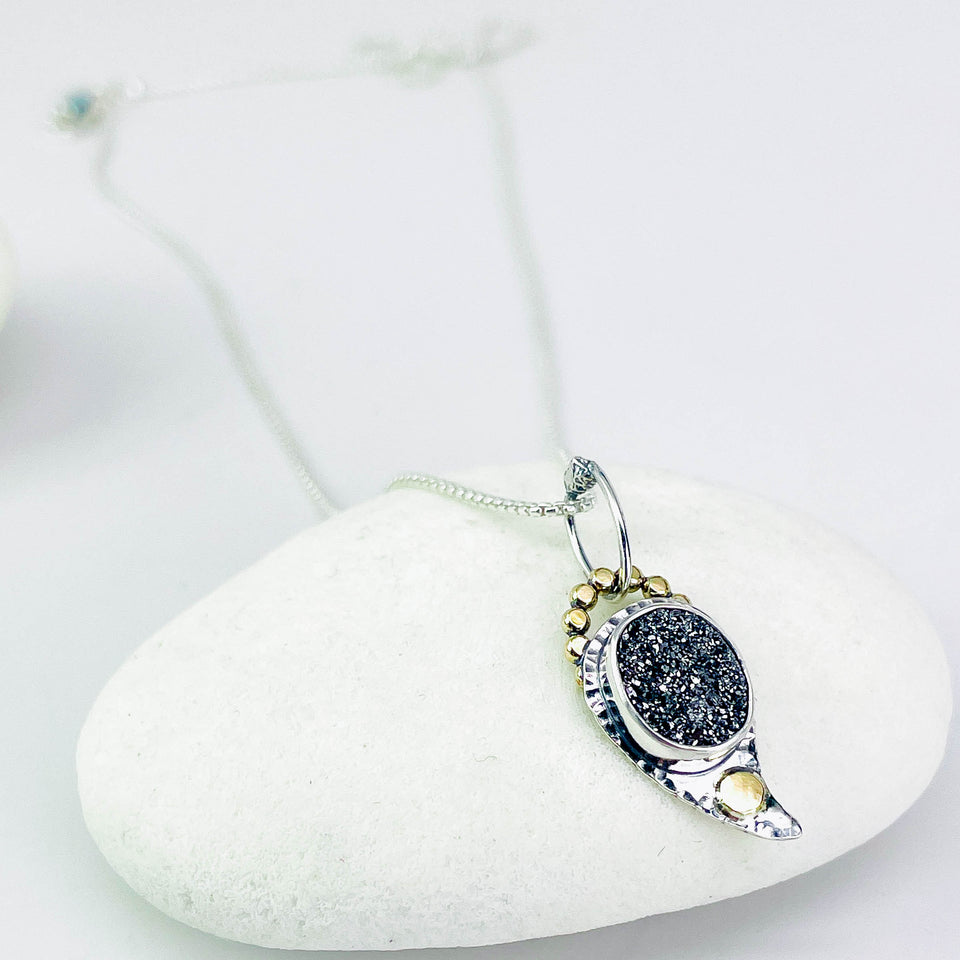 Black Druzy Quartz Crystal Pendant - Moonseed Talisman