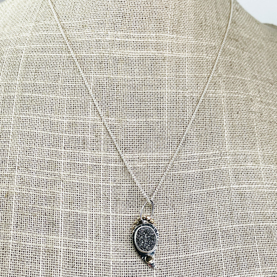 Black Druzy Quartz Crystal Pendant - Moonseed Talisman