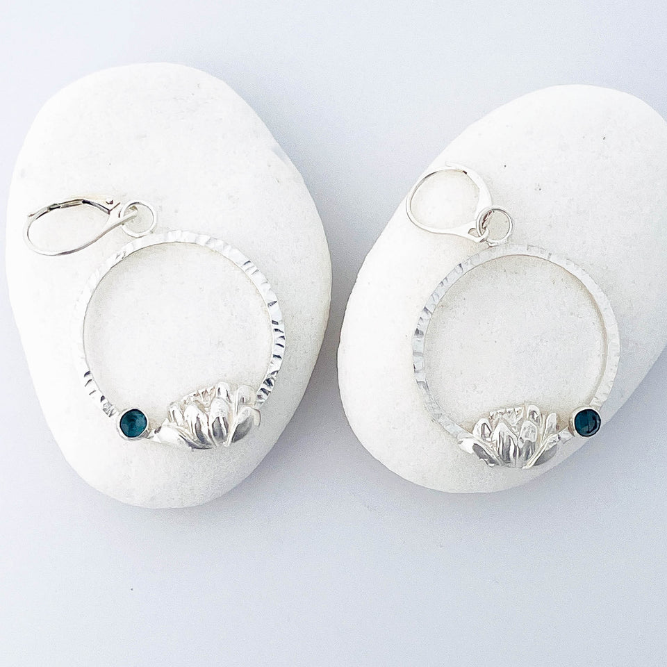 Sterling Silver Hoop Dangle Earrings - Blue Topaz Lotus