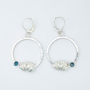 Sterling Silver Hoop Dangle Earrings - Blue Topaz Lotus