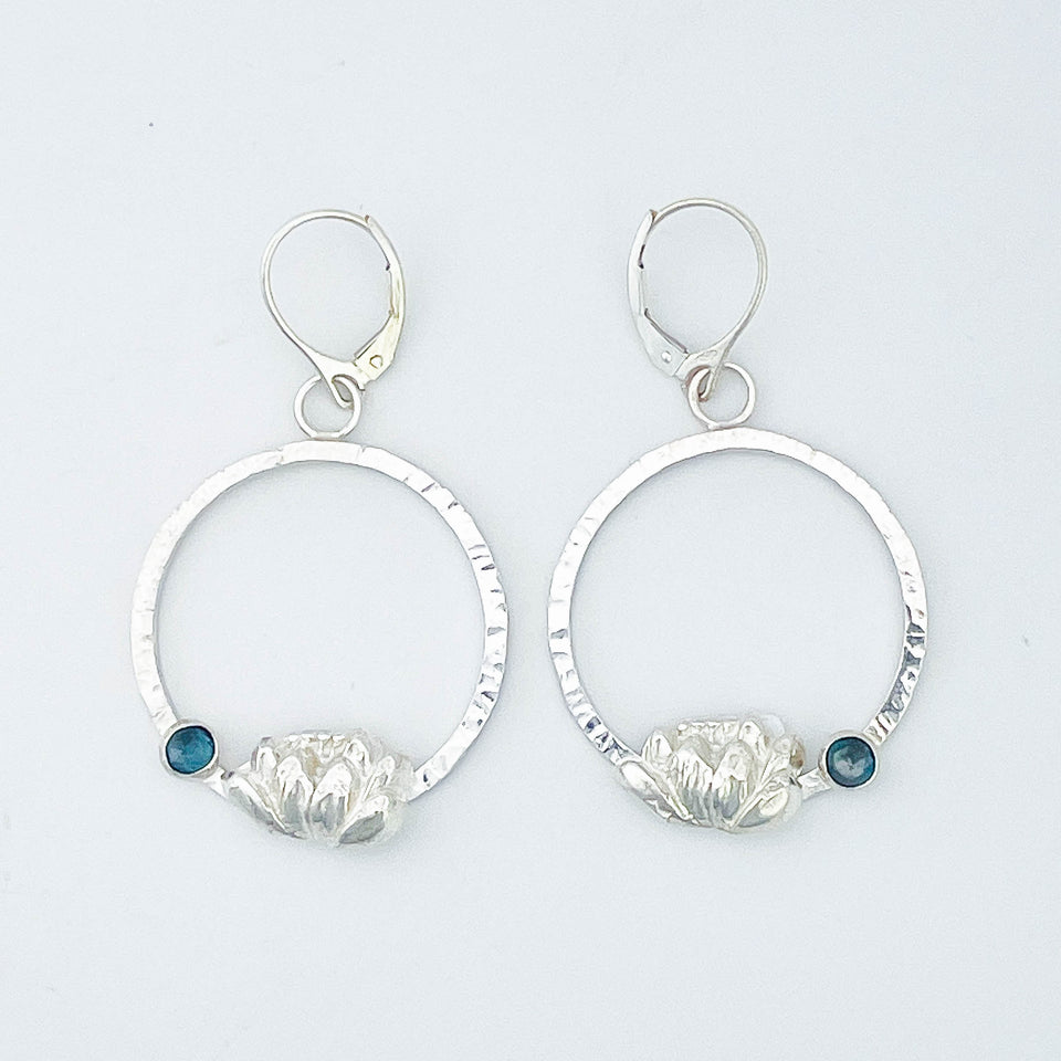 Sterling Silver Hoop Dangle Earrings - Blue Topaz Lotus
