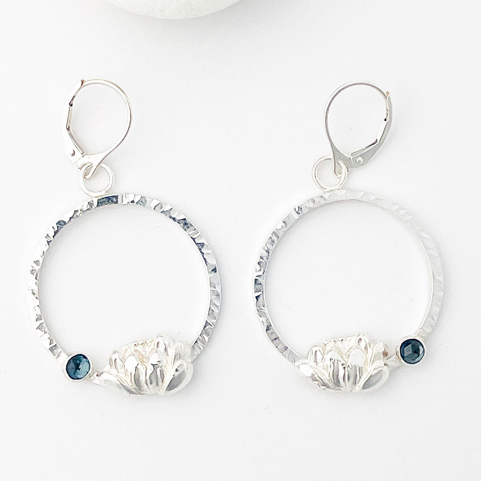 Sterling Silver Hoop Dangle Earrings - Blue Topaz Lotus