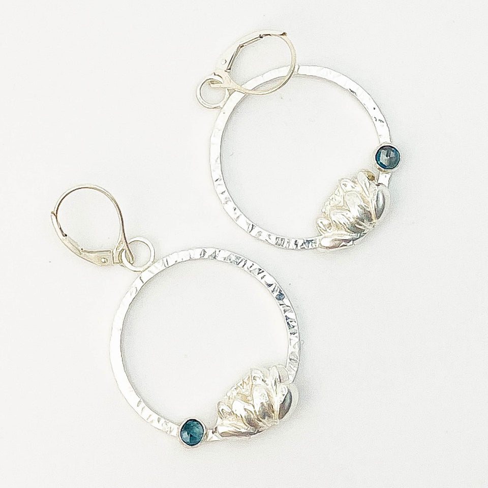 Sterling Silver Hoop Dangle Earrings - Blue Topaz Lotus