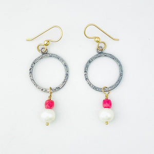 Sterling Silver Small Hoop Earrings - Gunmetal & Beads