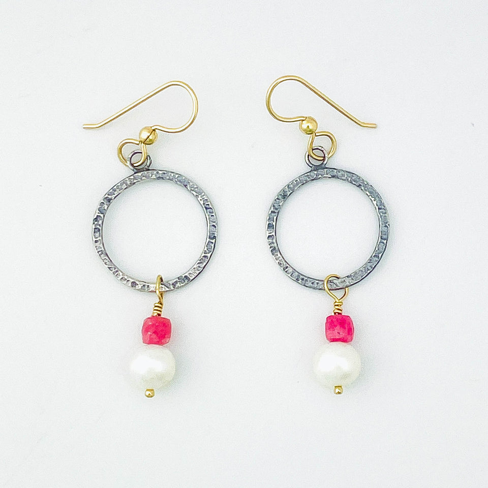 Sterling Silver Small Hoop Earrings - Gunmetal & Beads