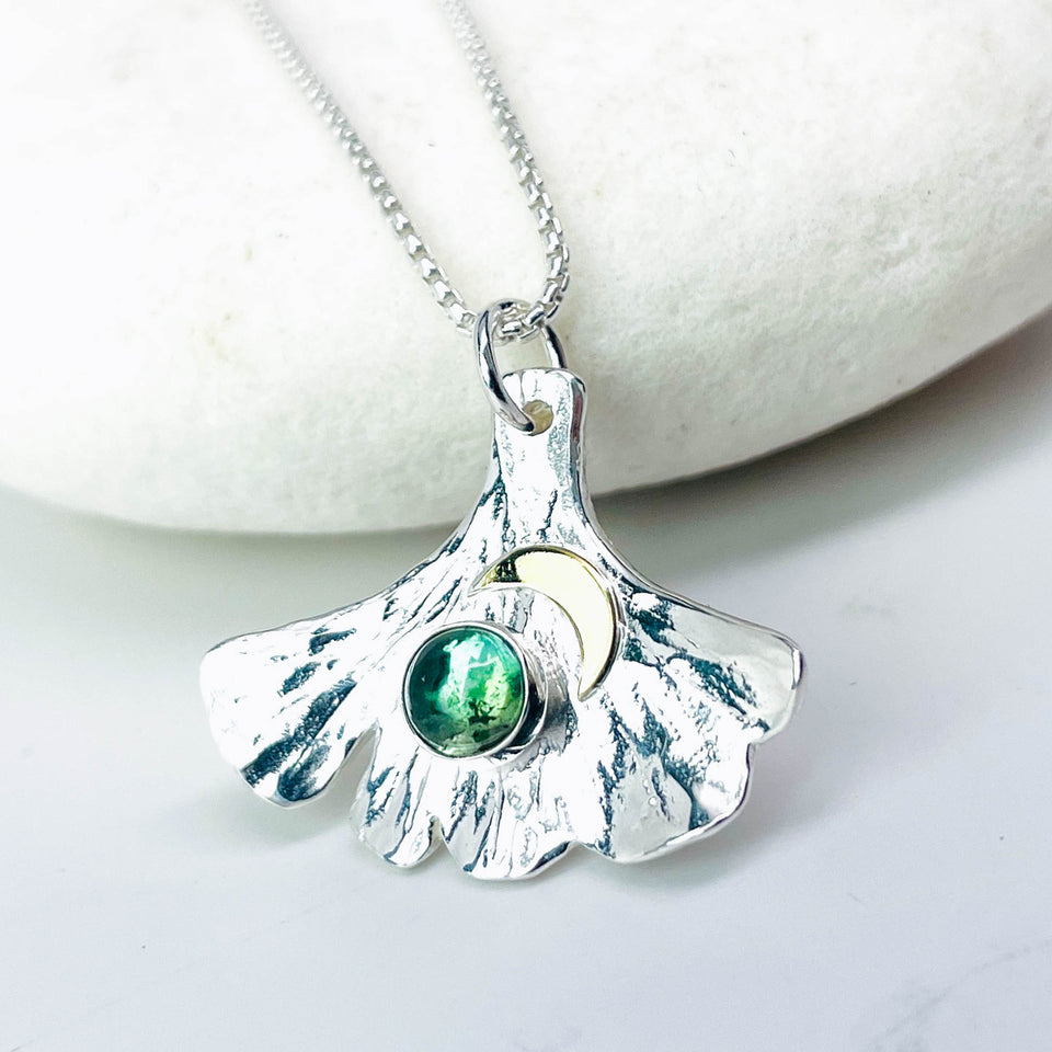 Sterling Silver Ginkgo Pendants Crescent Moon | Ginkgo Soul Resilience Talisman