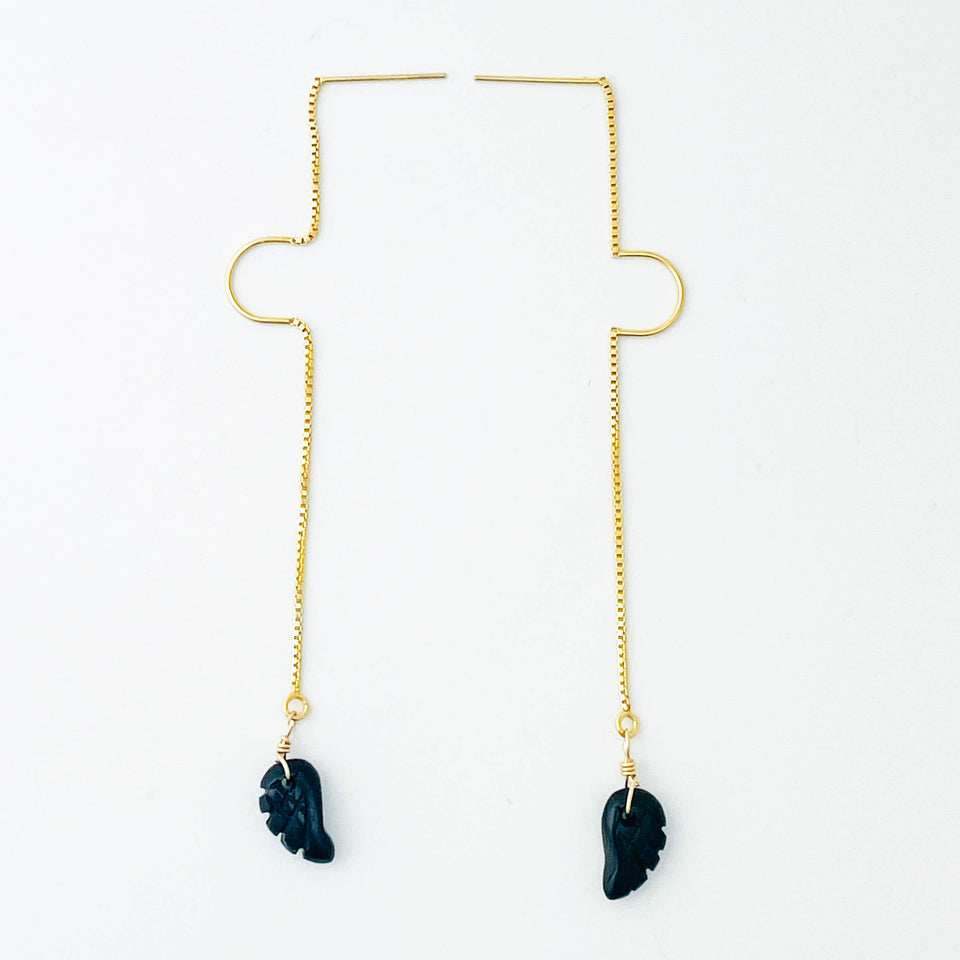Onyx and Gold Angel Wings Threader Earrings