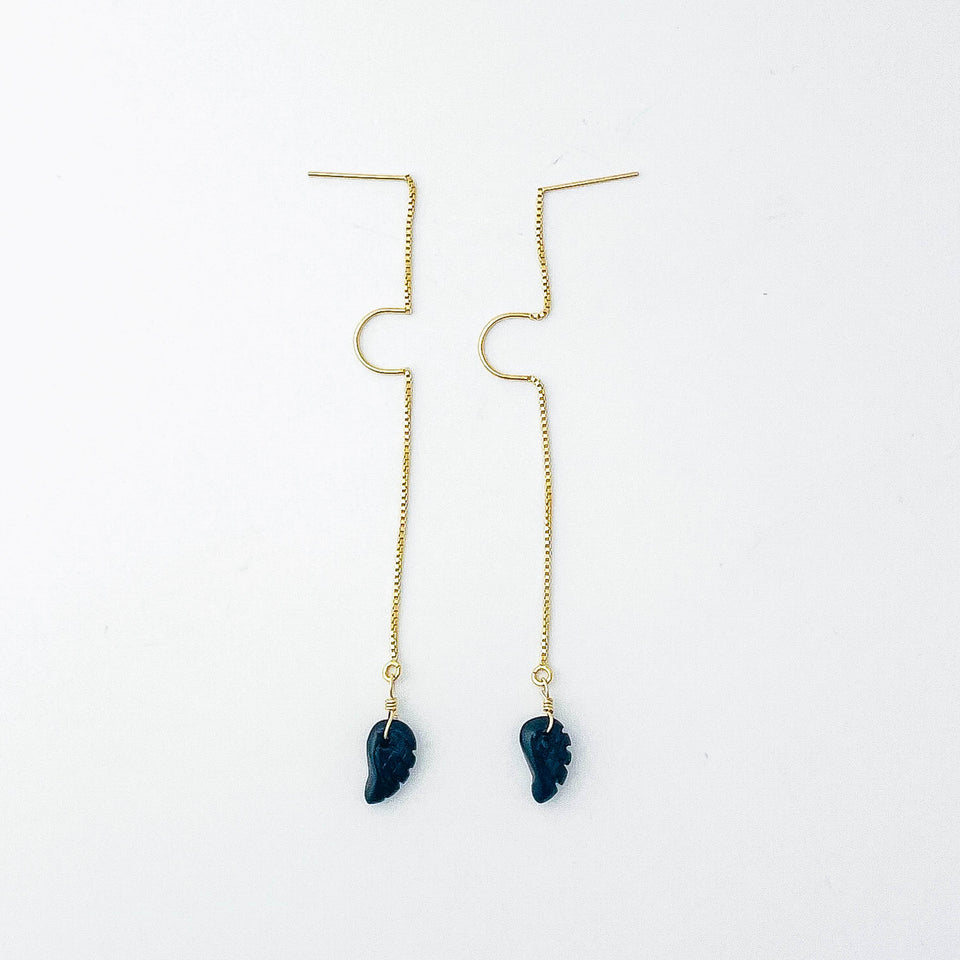 Onyx and Gold Angel Wings Threader Earrings