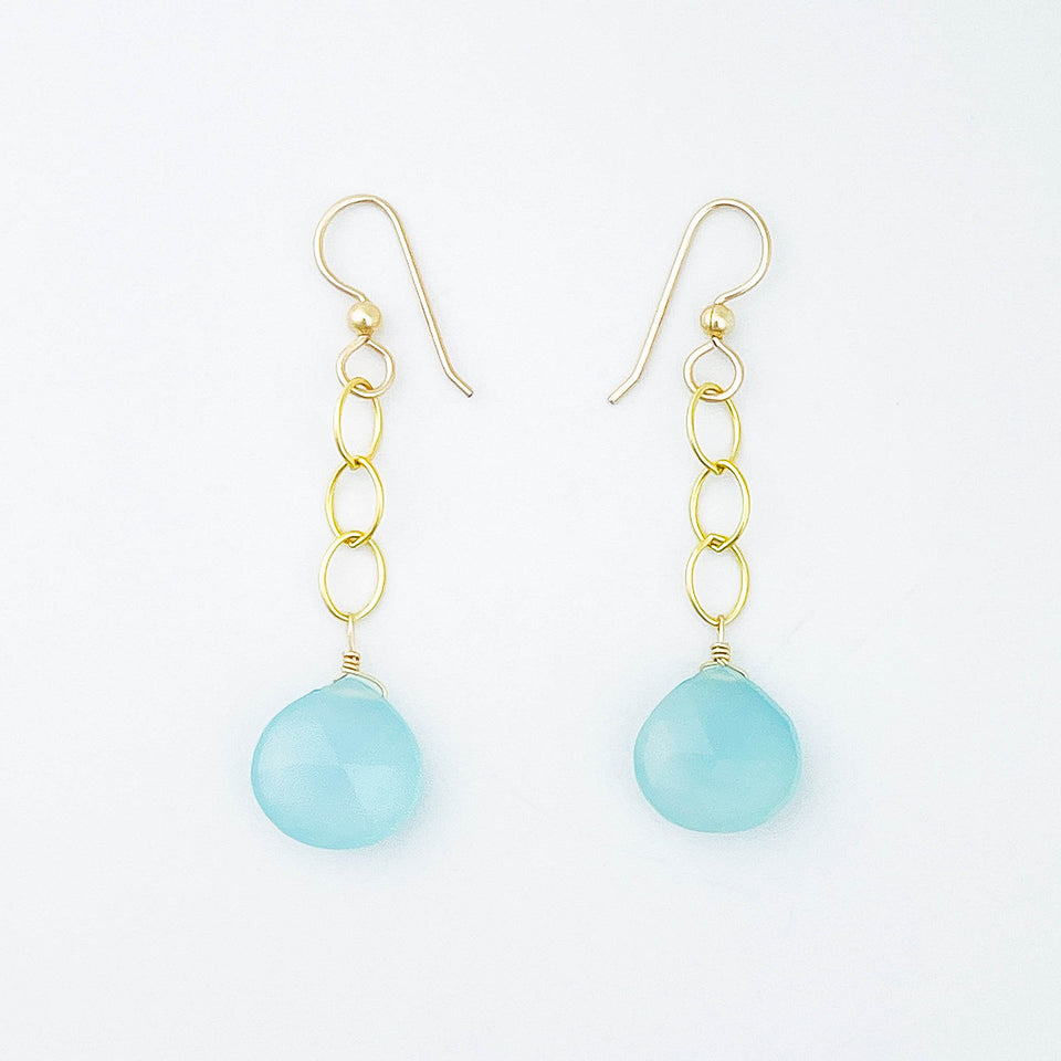 Gold and Faceted Chalcedony Dangle Earrings
