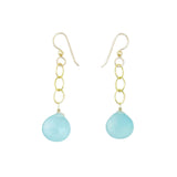 A pair of gold dangle earrings with a light blue teardrop-shaped stone pendant, shown on a white background.