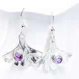 Sterling Silver Ginkgo Leaf Earrings - Amethyst