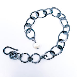 Gunmetal Sterling Silver Chunky Chain Bracelet with Pearl