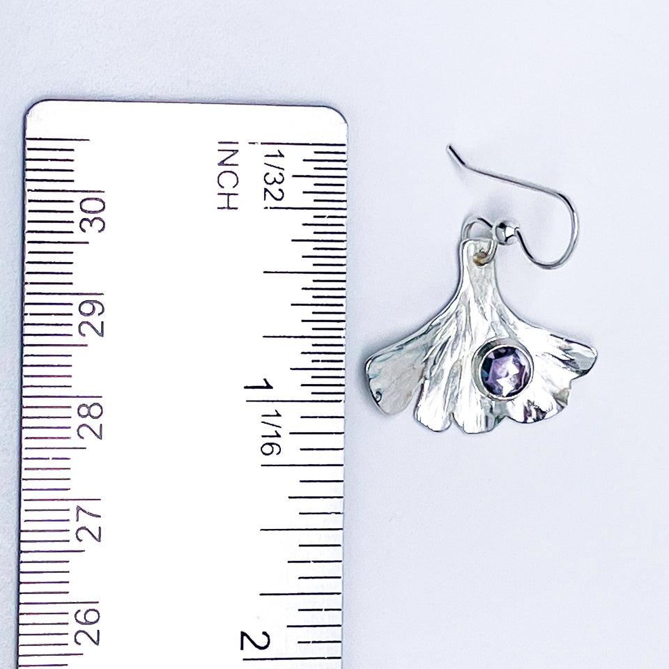 Sterling Silver Ginkgo Leaf Earrings - Amethyst