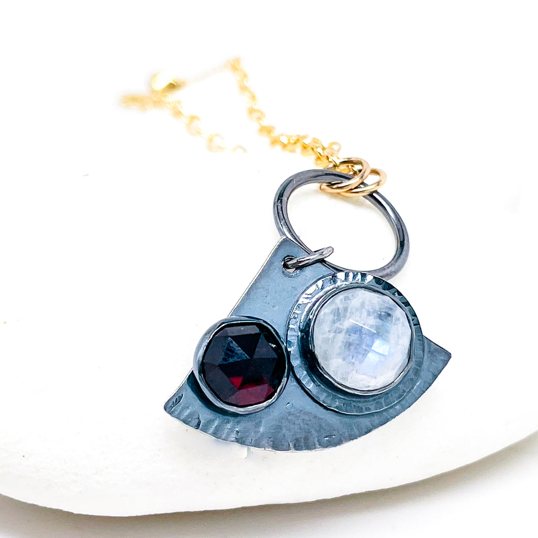 Garnet Moonstone Pendant Necklace with Gold Chain