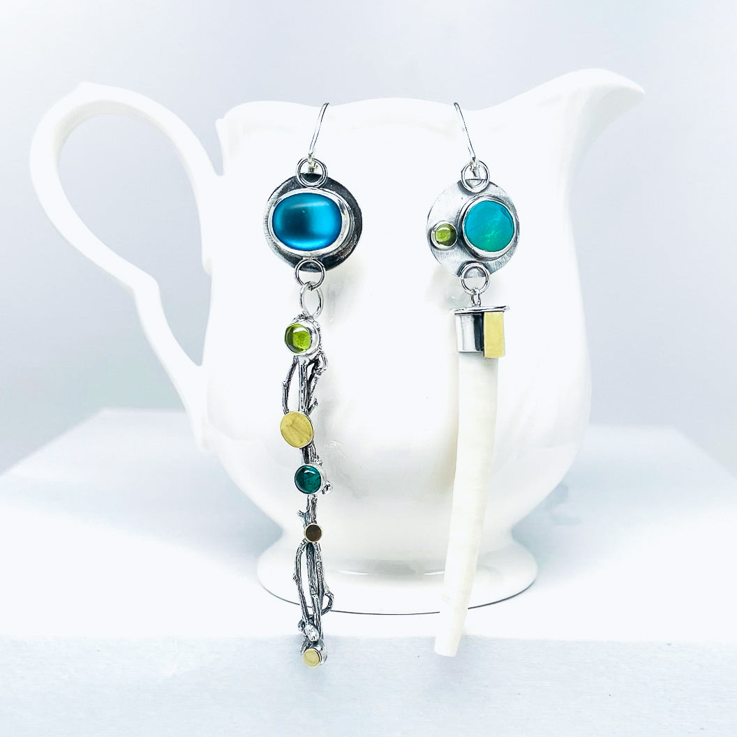 Wabi Sabi Jewelry - Dentilium, Silver and Stones Earrings
