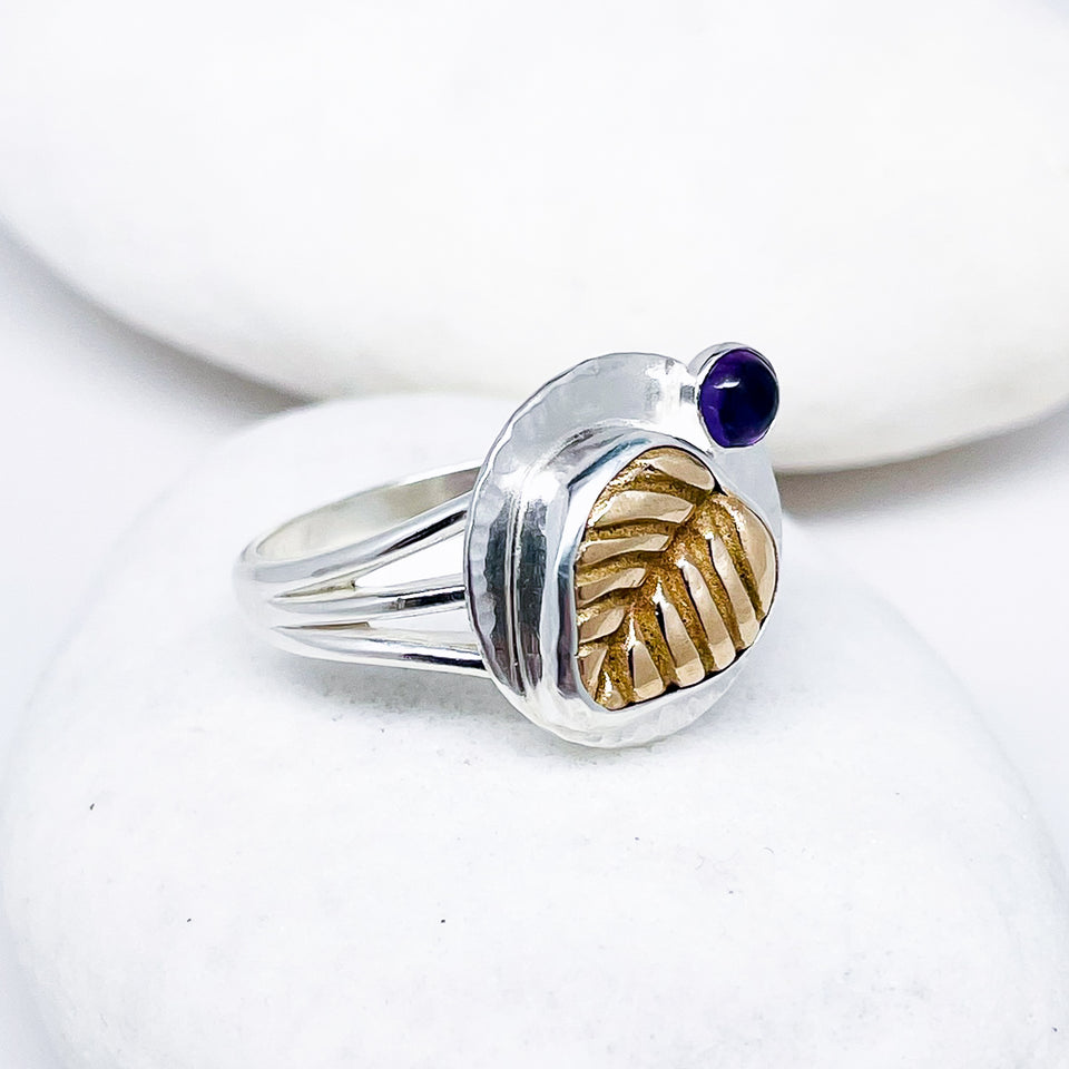 Sterling Silver Bronze Leaf Ring Size 7 1/2 - Amethyst Ring